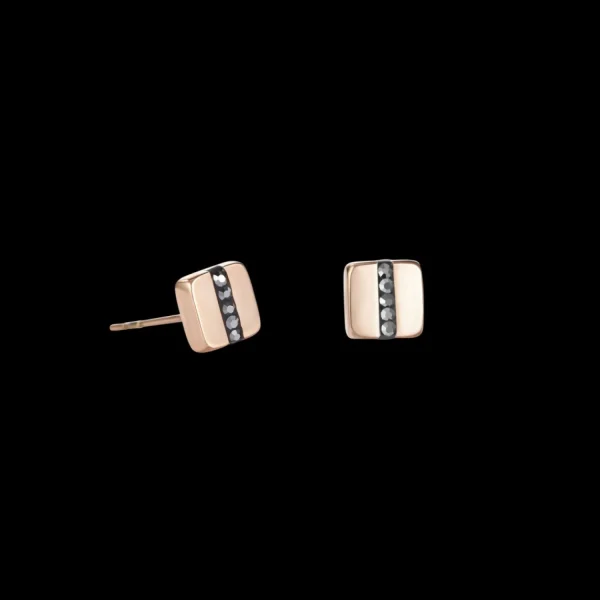 Earrings Stainless Steel Square Rose Gold & Crystals Pave Strip Anthracite | COEUR DE LION Discount