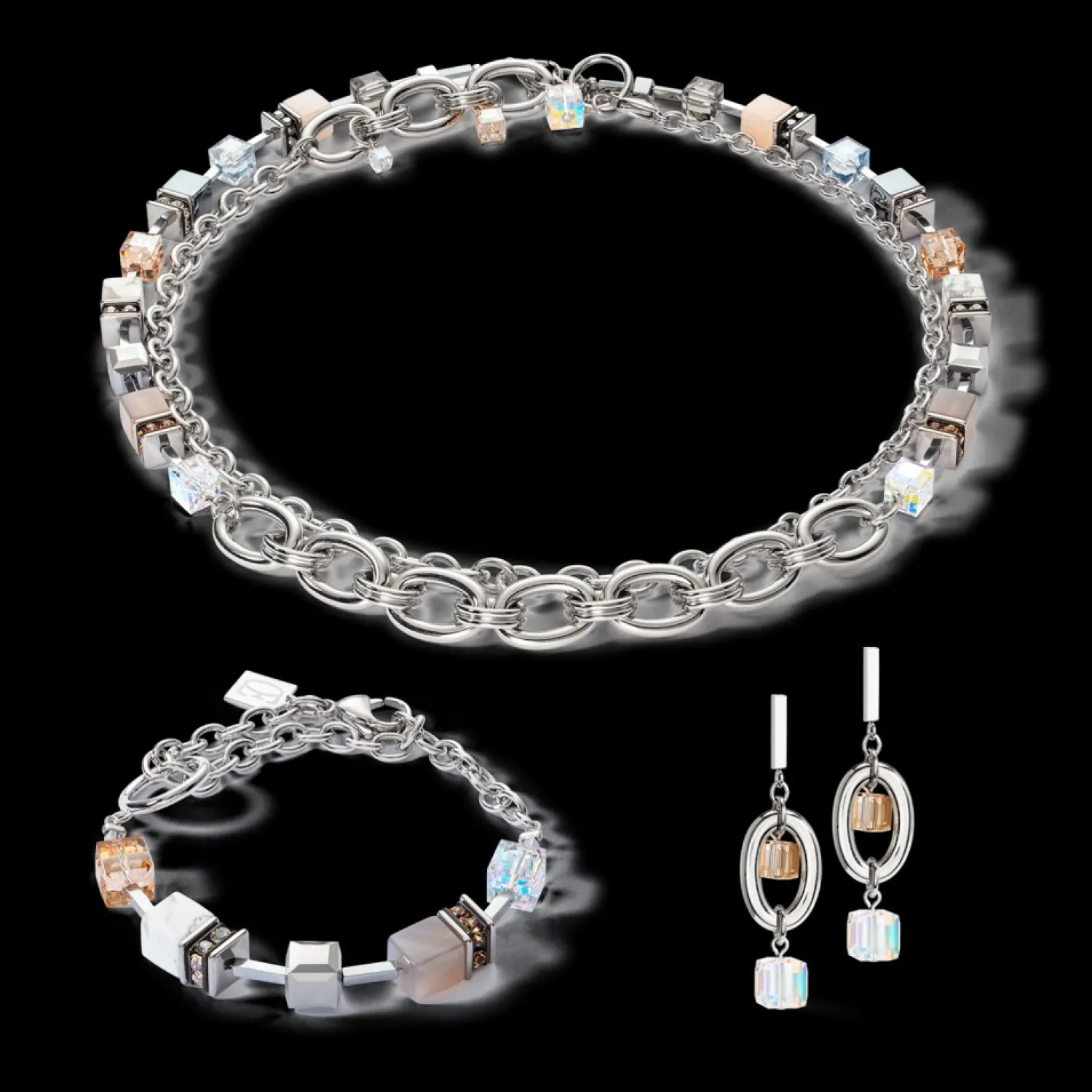 necklace_geocube_statemen_1.webp Necklace Geocube® Statement Precious Chunky Chain Multiwear Grau-Beige | COEUR DE LION Sale